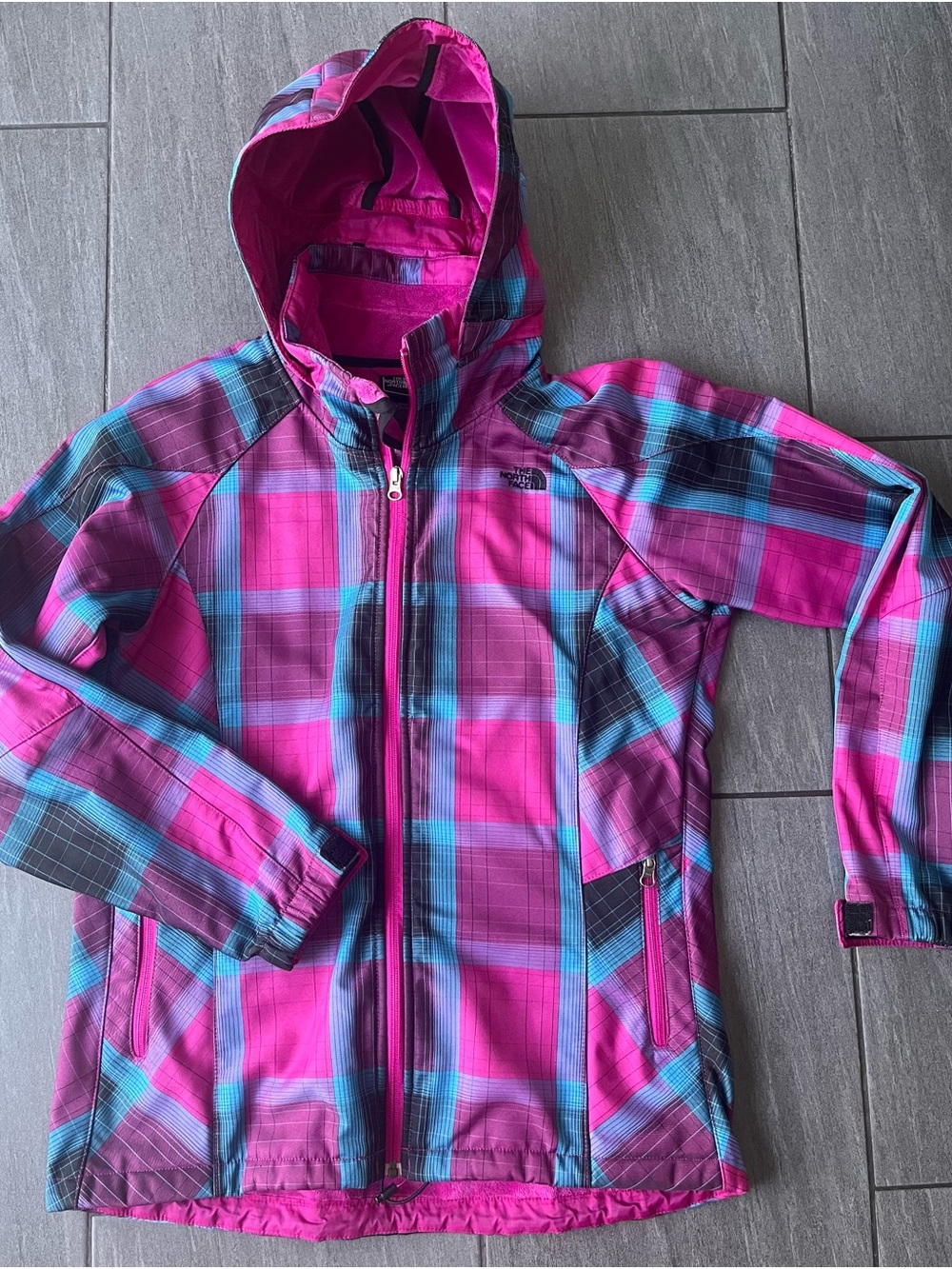 The North Face Bright Pink & Blue Plaid Hooded Shell Jacket